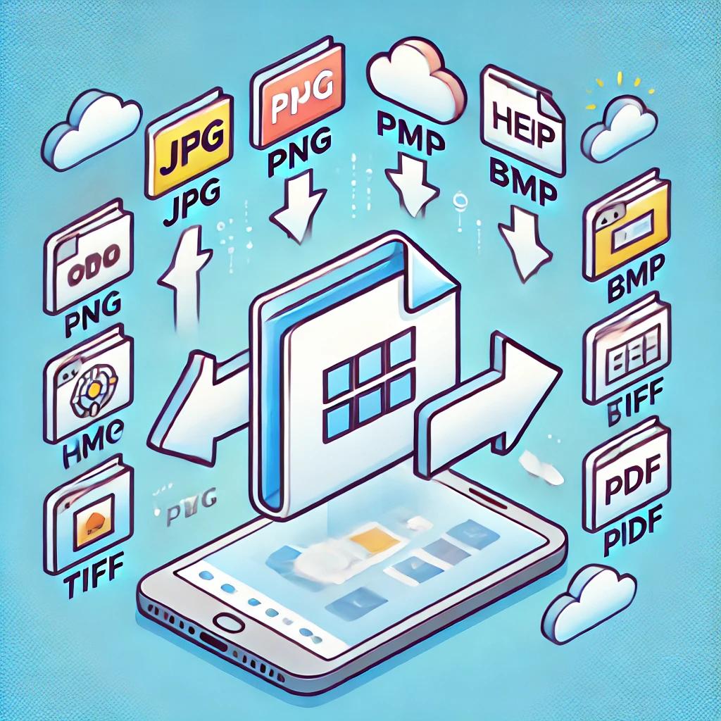 Illustration of the process of converting an image, the icon with a red arrow points to the converted image.