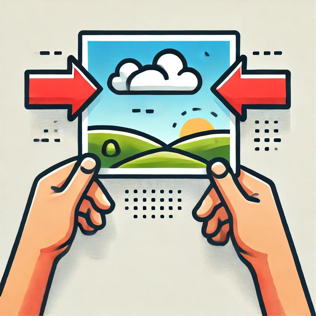 Illustration of the process of resizing an image, the icon with two red arrows points to the smaller image.